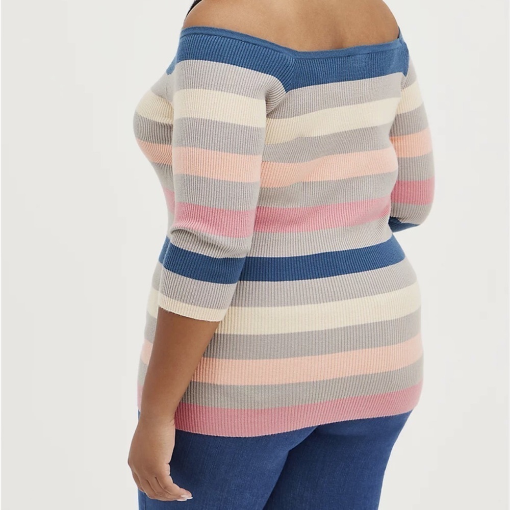 NWT Torrid Off Shoulder Ribbed Sweater 2X Multi Stripe 3/4 Sleeve Fitted Top - Picture 3 of 9